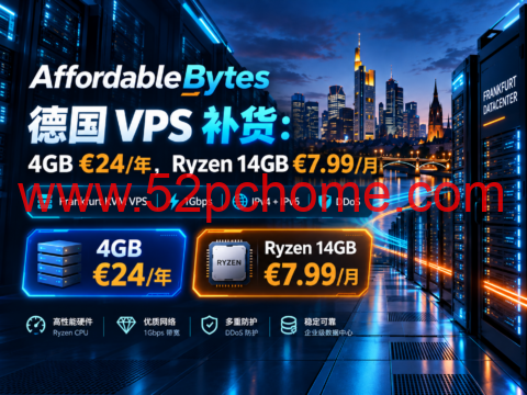 AffordableBytes 德国 VPS 补货:4GB €24/年,Ryzen 14GB €7.99/月-吾爱主机测评