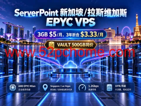 ServerPoint 新加坡/拉斯维加斯 EPYC VPS:3GB $5/月,3年折合 $3.33/月,VAULT 500GB同价-吾爱主机测评