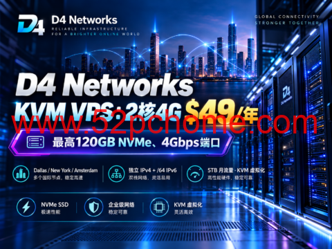 D4 Networks KVM VPS:2核4G $49/年,最高120GB NVMe、4Gbps端口-吾爱主机测评