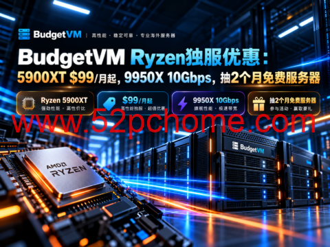 BudgetVM Ryzen独服优惠：5900XT $99/月起，9950X 10Gbps，抽2个月免费服务器-吾爱主机测评