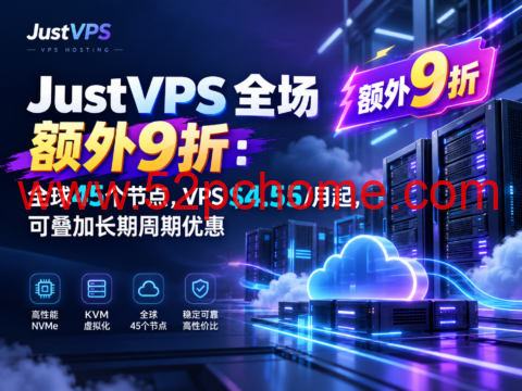 JustVPS 全场额外9折:全球45个节点,VPS $4.55/月起,可叠加长期周期优惠-吾爱主机测评