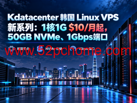 Kdatacenter 韩国 Linux VPS 新系列:1核1G $10/月起,50GB NVMe、1Gbps端口-吾爱主机测评