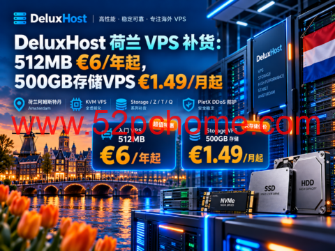 DeluxHost 荷兰 VPS 补货：512MB €6/年起，500GB存储VPS €1.49/月起-吾爱主机测评