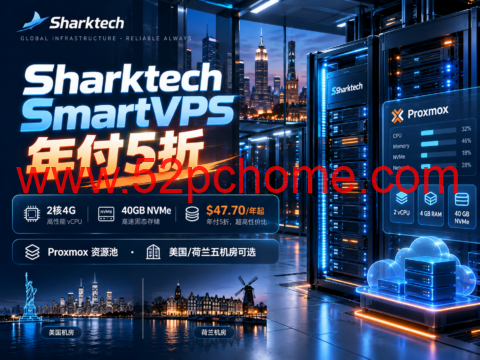 Sharktech SmartVPS 年付5折:2核4G/40GB NVMe,$47.70/年起,美国/荷兰五机房可选-吾爱主机测评