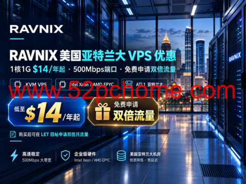 RAVNIX 美国亚特兰大 VPS 优惠:1核1G $14/年起,500Mbps端口,免费申请双倍流量-吾爱主机测评