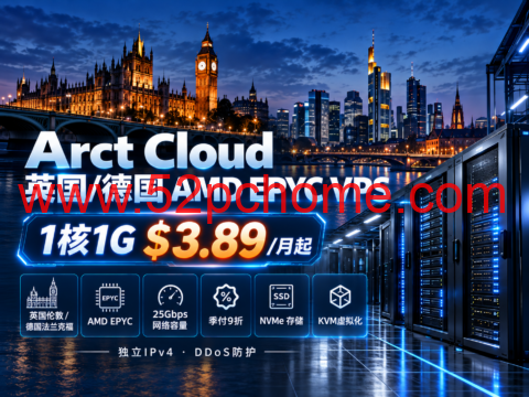 Arct Cloud 英国/德国 AMD EPYC VPS:1核1G $3.89/月起,25Gbps网络容量,季付9折-吾爱主机测评