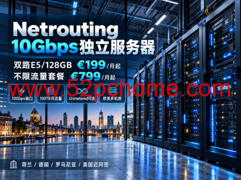 Netrouting 10Gbps独立服务器：双路E5/128GB €199/月起，不限流量套餐€799/月起-吾爱主机测评