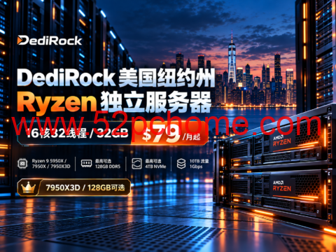 DediRock 美国纽约州 Ryzen 独立服务器：16核32线程/32GB $79/月起，7950X3D/128GB可选-吾爱主机测评