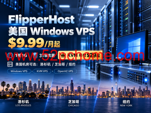 FlipperHost 美国 Windows VPS $9.99/月起：1核1G/3TB流量，KVM年付$29起-吾爱主机测评