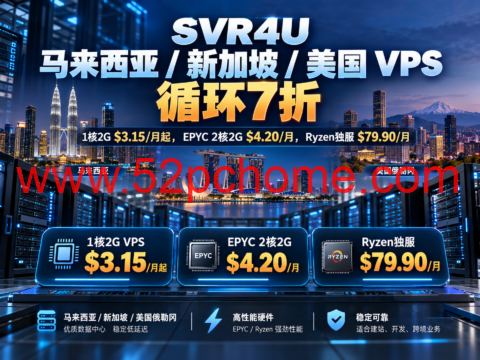 SVR4U 马来西亚/新加坡/美国 VPS 循环7折:1核2G $3.15/月起,EPYC 2核2G $4.20/月,Ryzen独服$79.90/月-吾爱主机测评