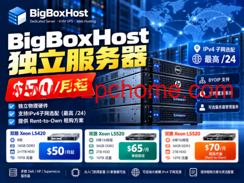 BigBoxHost独立服务器$50/月起:双路Xeon 36GB $65/月,租购$70/月,支持IPv4子网选配-吾爱主机测评