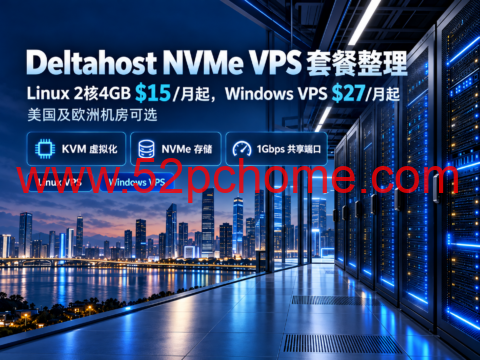 Deltahost NVMe VPS 套餐整理:Linux 2核4GB $15/月起,Windows VPS $27/月起,美国及欧洲机房可选-吾爱主机测评