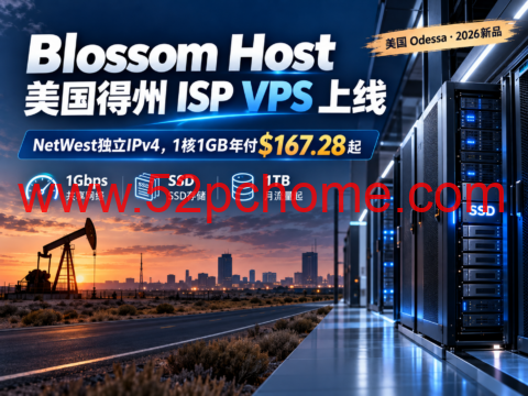 Blossom Host 美国得州 ISP VPS 上线:NetWest独立IPv4,1核1GB年付$167.28起-吾爱主机测评