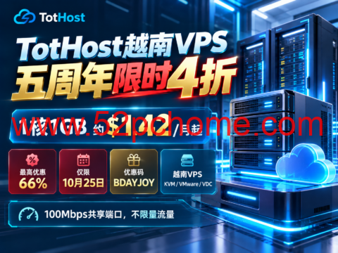 TotHost越南VPS五周年限时4折:1核1GB约$1.42/月起,最高优惠66%,仅限10月25日-吾爱主机测评