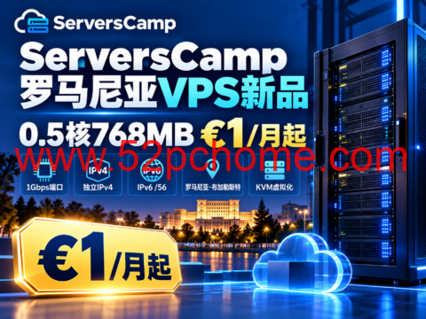 ServersCamp罗马尼亚VPS新品:0.5核768MB €1/月起,1Gbps端口、独立IPv4及IPv6 /56-吾爱主机测评