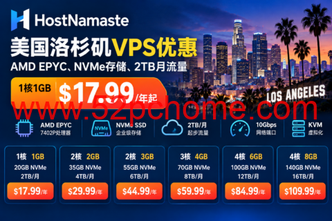 HostNamaste美国洛杉矶VPS优惠：1核1GB $17.99/年起，AMD EPYC、NVMe存储、2TB月流量-吾爱主机测评