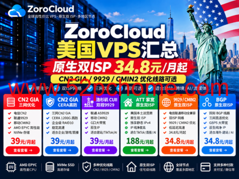 ZoroCloud美国VPS汇总：原生双ISP 34.8元/月起，CN2 GIA/9929/CMIN2优化线路可选-吾爱主机测评